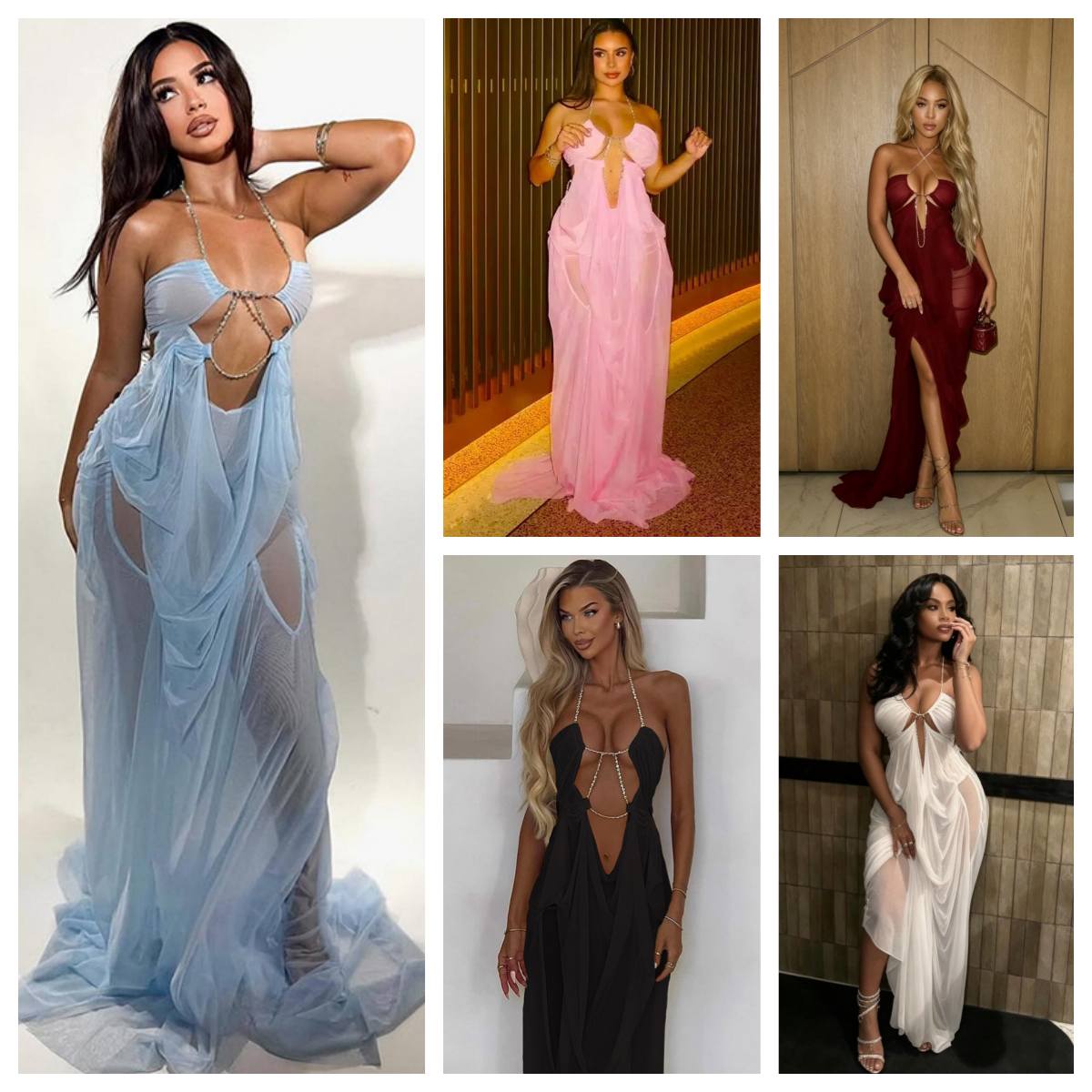 Casual Dresses Weird Puss Sexy See Through Dress Women Halter Chain Backless Irregular Ruched Patchwork Vacation Birthday Party Clubwear