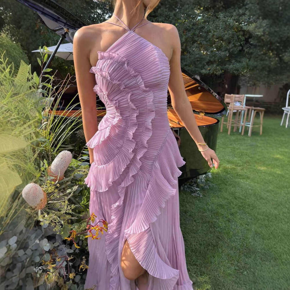Chiffon Dress Women, Elegant Sophisticated, With Ruffles, Pleats, Halter Neck, Open Back, Suitable For Vacation And Parties LEEGO LENS