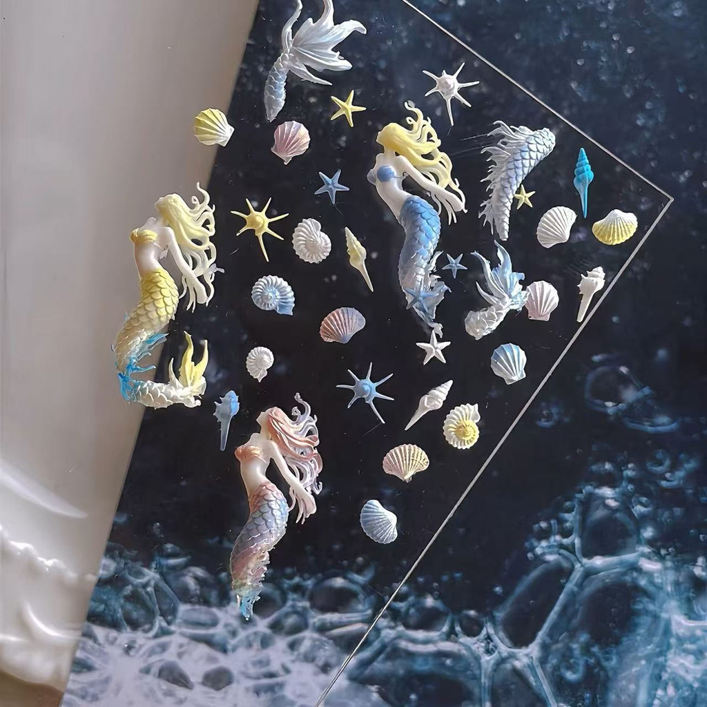 Mermaid & Ocean Elements Silicone Nail Art Mold 3D Embossed Mermaid Tail Seashell Starfish Coral UV Gel Polish Stamping Mold for DIY Nail Art