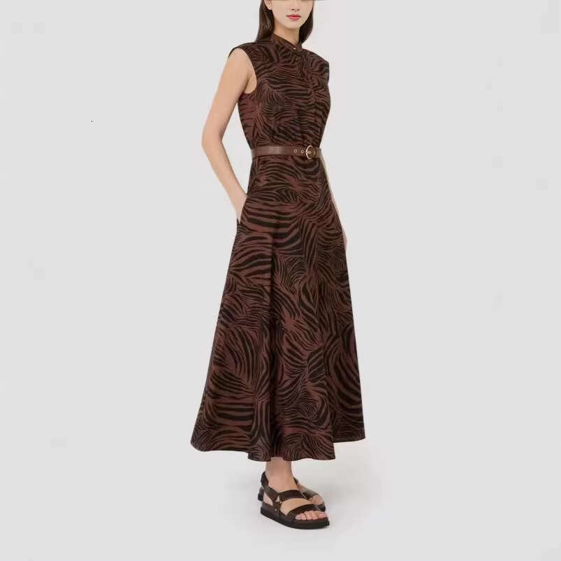 2026 k30 Spring and Summer New Printed Women's Dress, Designer Cotton A-line Stand up Collar Sleeveless Dress