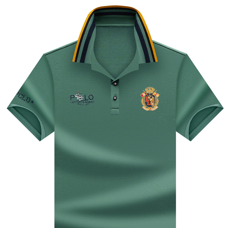 Men's Mint Green Polo Shirt With Color Striped Collar And Royal Crest Embroidery Soft Pique Cotton Short Sleeve Casual Top For Summer Office And 