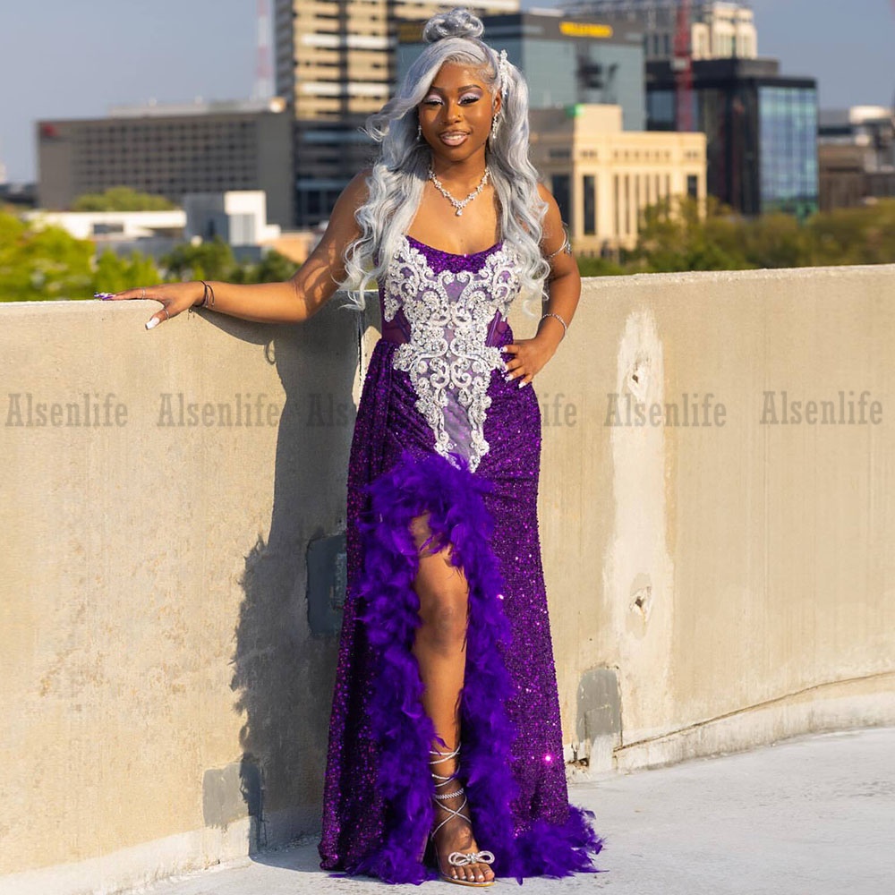 Purple Prom Dress With Feathers Sexy Sit Crystal Beading Black Girls Matric Farewell Dresses 2026 vestidos de Gala