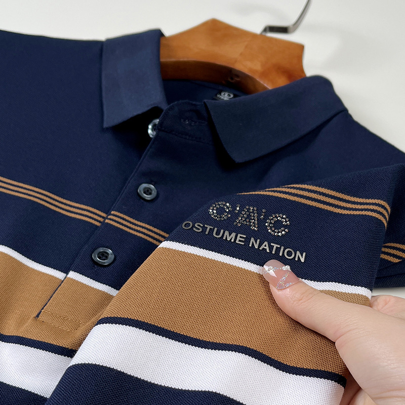 Designer Polo Shirt Mens Color Block Striped Rhinestone Letter Print Business Casual Short Sleeve Breathable Cotton Top For Summer Daily Office Fashio