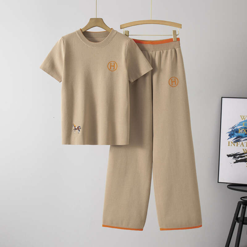 European American 2026 Embroidered Short-Sleeve Knit Top And High-Waisted Wide-Leg Pants Two-Piece Set For Women Summer
