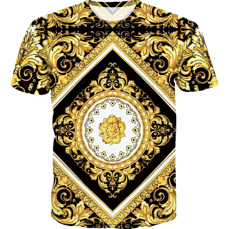 Mens Designer Luxury Baroque Print T Shirt Short Sleeve Crew Neck Casual Streetwear Top Gold Black Pattern Fashion Style Summer Daily Wear Plus Size