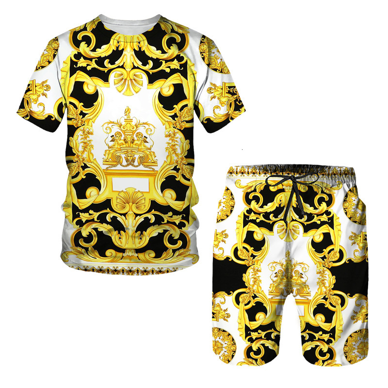 Designer Mens Baroque Lion Print 2 Piece Outfit Short Sleeve T Shirt And Shorts Set Luxury Gold White Casual Beach Vacation Wear Plus Size