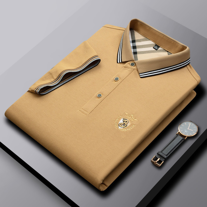 Men's Luxury Polo Shirt With Silk-Blend Fabric And Crown Crest Embroidery Contrast Beige Plaid Trim On Collar And Cuffs For Smart Casual Style In