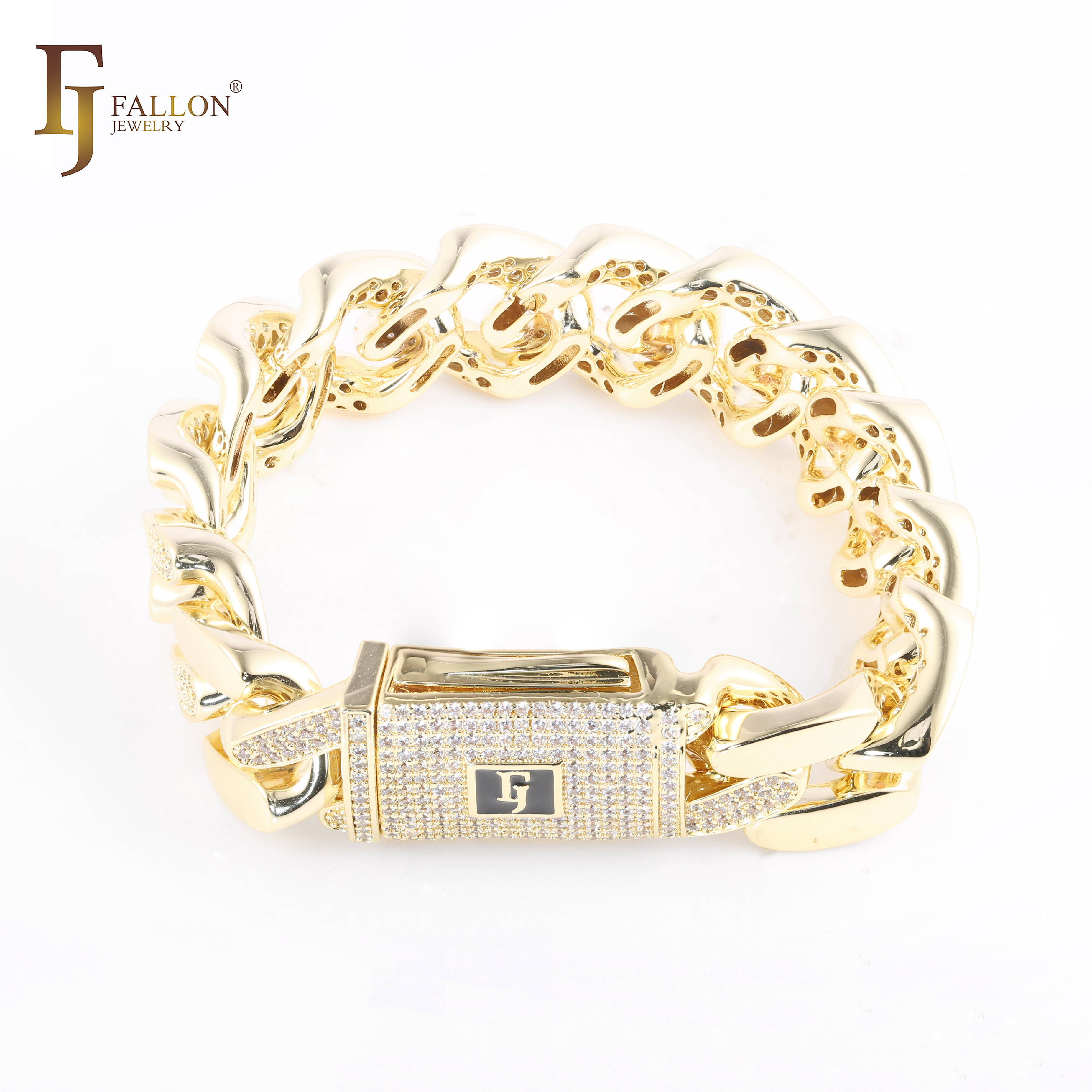 FJ Fallon Hoollow Retro Style Monaco Cuba Bracelet Chains 14K Gold Plated Brass Main Zircon Hip Hop Split
