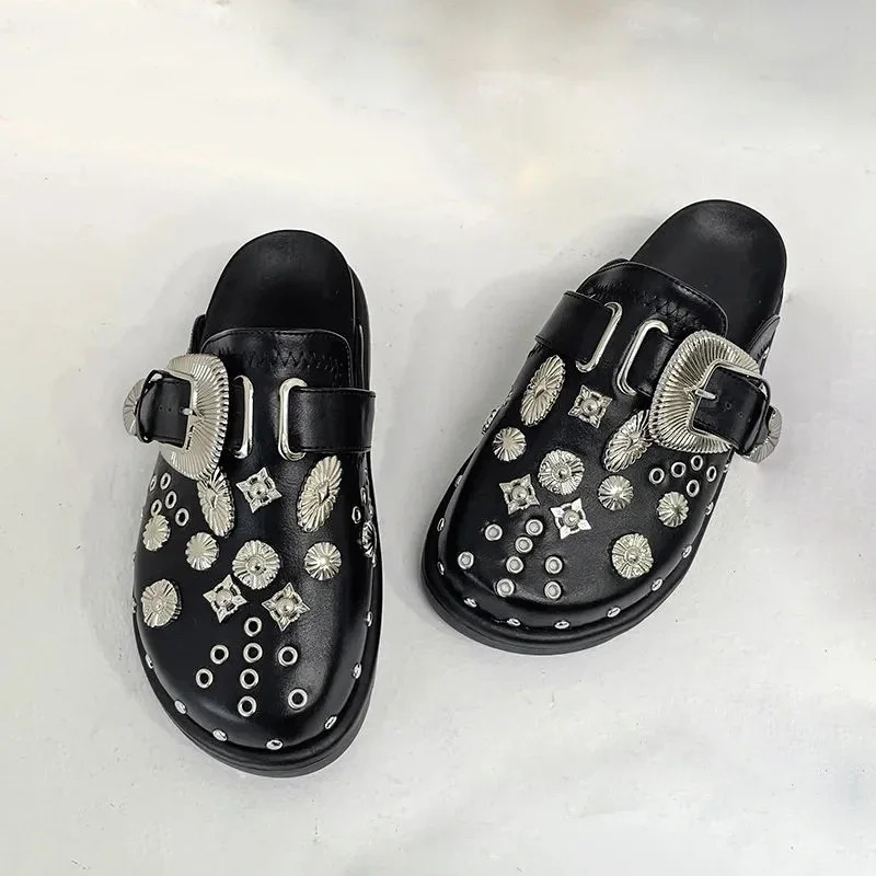 Summer Women Slippers Platform Rivets Punk Rock Leather Mules Creative Metal Fittings Casual Party Shoes Female Outdoor Slides 260427