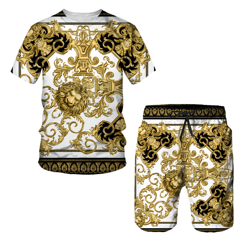 Designer Mens Baroque Lion Print 2 Piece Outfit Short Sleeve T Shirt And Shorts Set Luxury Gold White Casual Beach Vacation Wear Plus Size