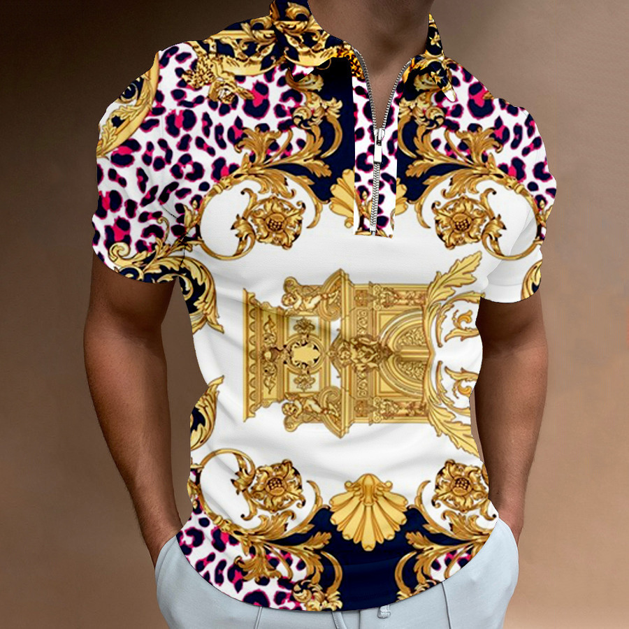 Designer Mens Luxury Baroque Print Polo Shirt Half Zip Collar Short Sleeve Black Gold Pattern Casual Business Top For Men Summer Plus Size