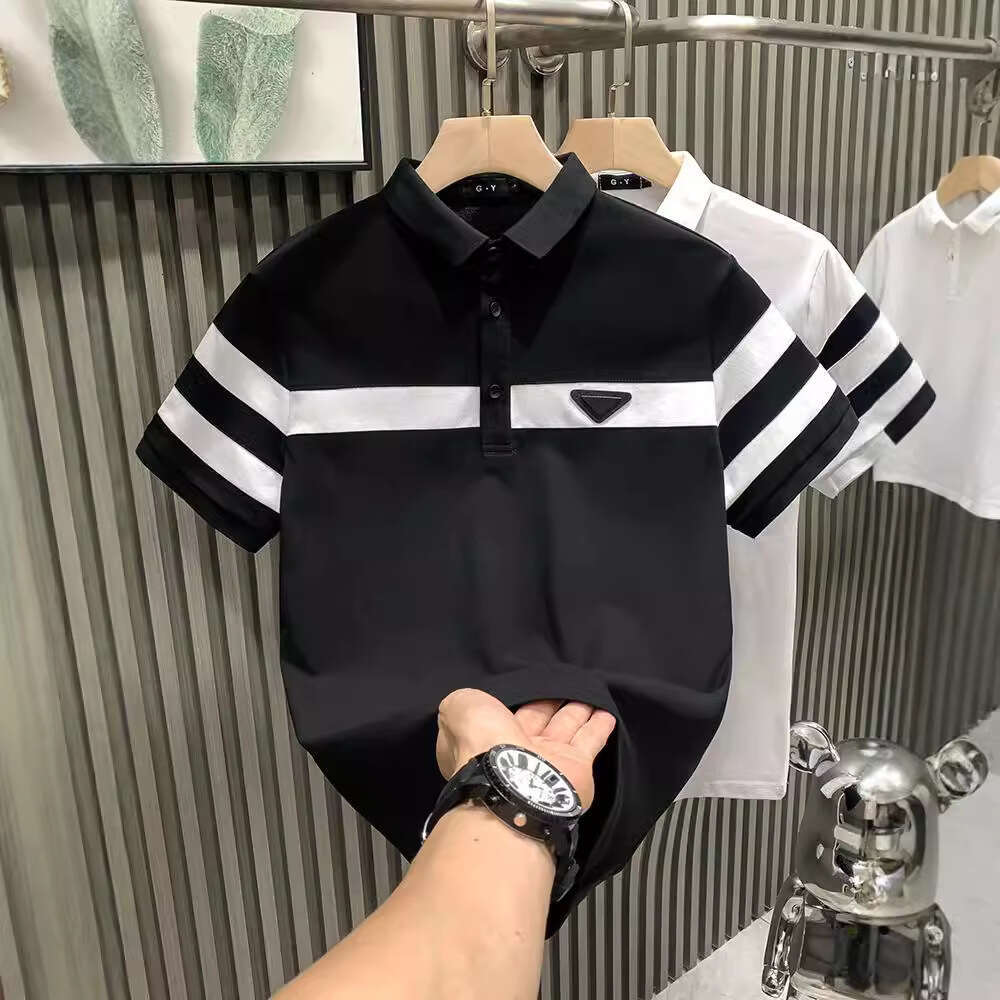 European-Style Trendy Black White Striped Turn-Down Collar Luxury Men's T-Shirt, Short-Sleeved Shirt, Fashionable And Versatile Clothing