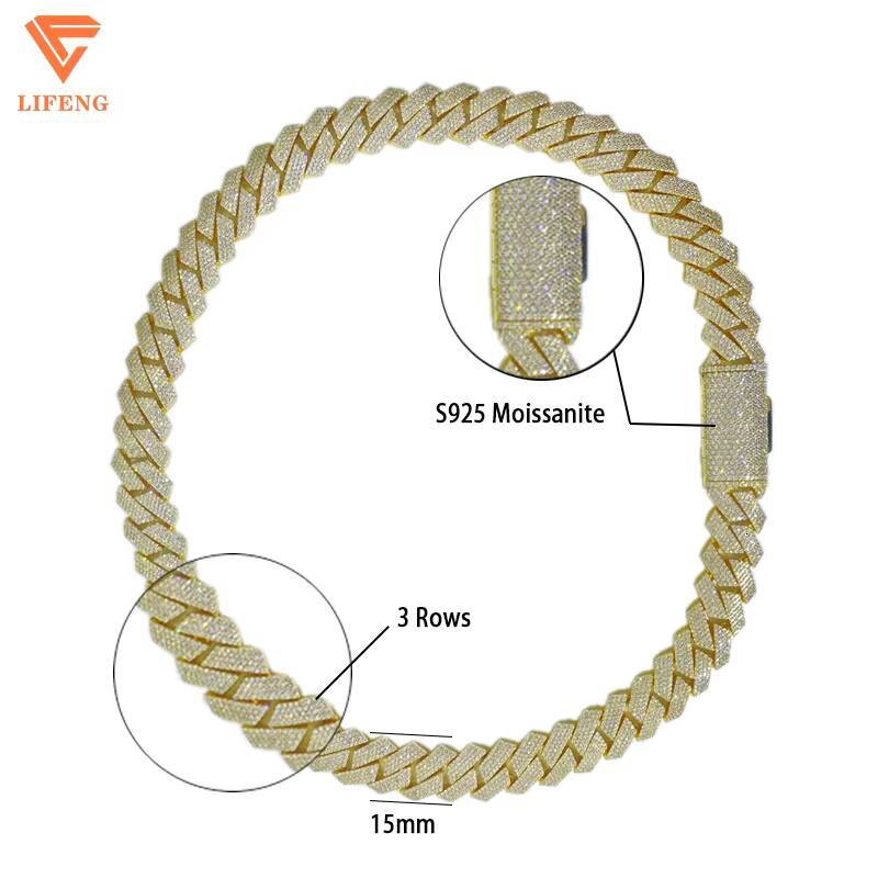 Lifeng Jewelrys Wholesale 3 Stone Cuban Link Chain 18K Gold Silver Plated Moissanite Necklace for Men Miami Style