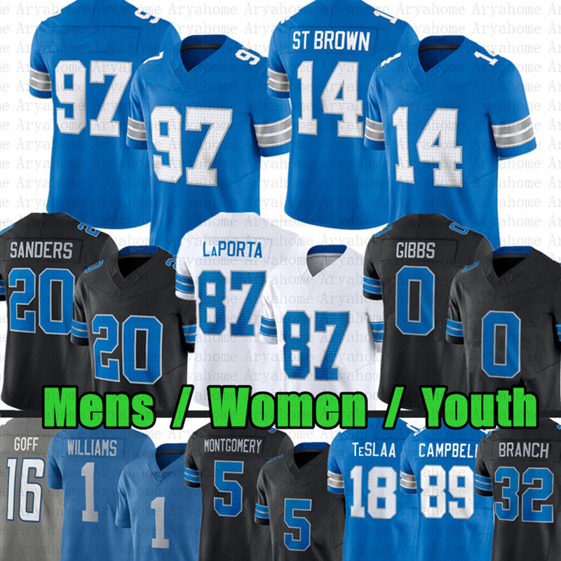 Jahmyr Gibbs Amon-Ra St Brown Football Jersey Isaac TeSlaa Sam LaPorta Barry Sanders Jared Goff Jameson Williams Penei Sewell Brian Branch Dan Campbel