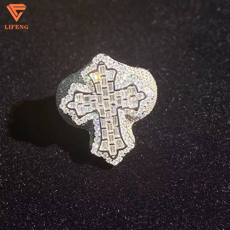 Fine Jewelry Mens Cross Ring 14K/18K White Gold Plated VVS Moissanite Ice Diamond 925 Sterling Silver Baguette Cut Hip Hop