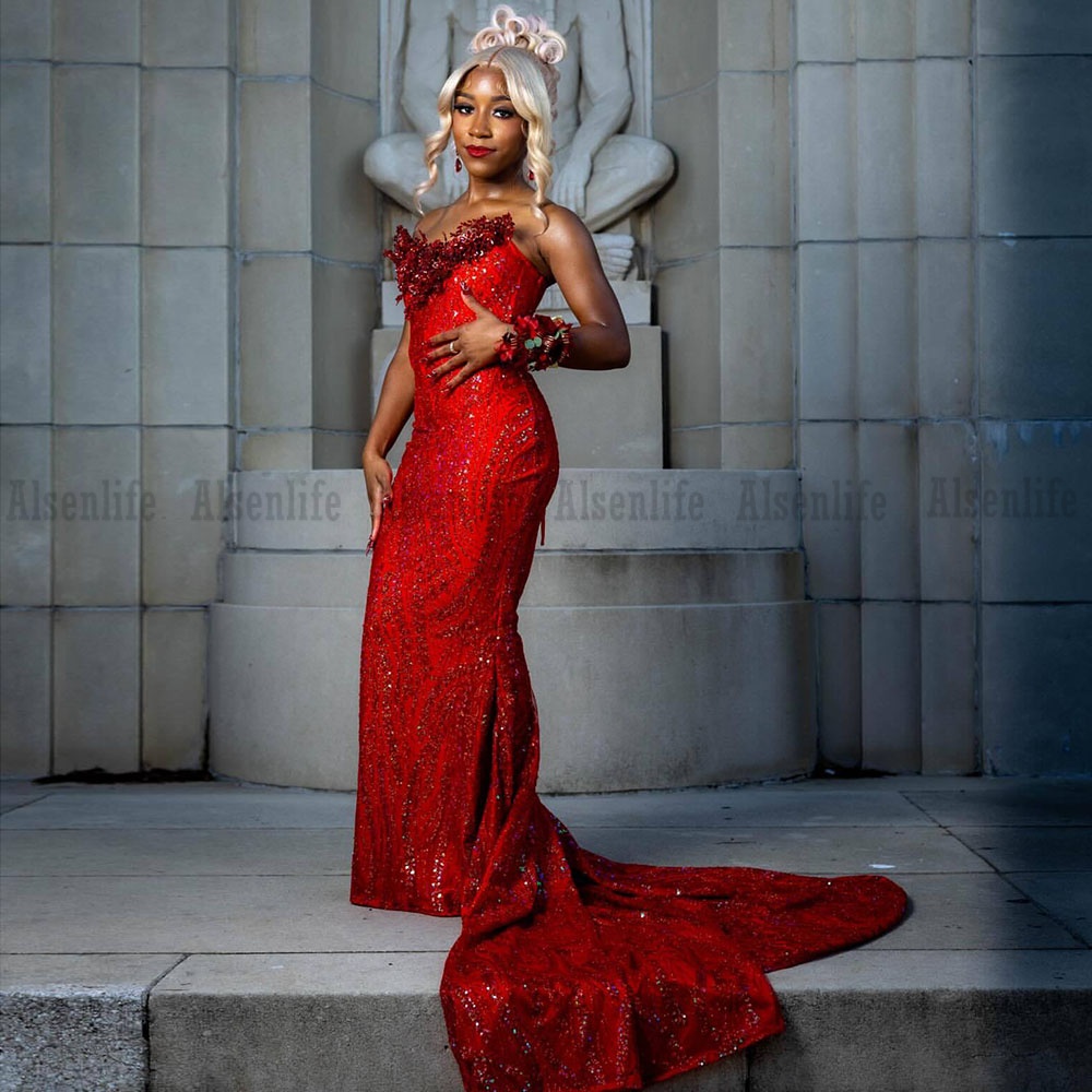 Red Prom Dresses 2026 Black Girls Mermaid Sequins Charming Party Gowns Customized Sleeveless Party Gowns Vestido De Festa
