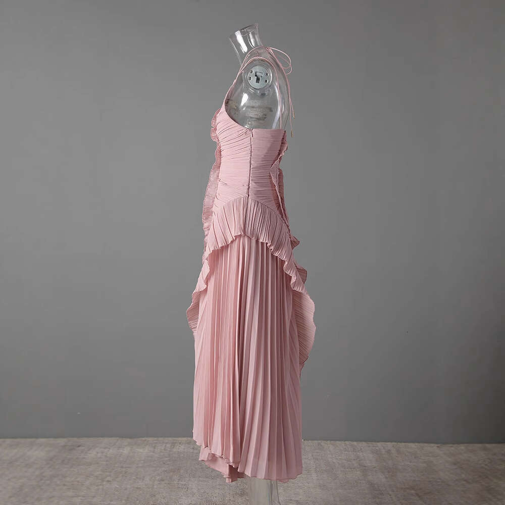Chiffon Dress Women, Elegant Sophisticated, With Ruffles, Pleats, Halter Neck, Open Back, Suitable For Vacation And Parties LEEGO LENS