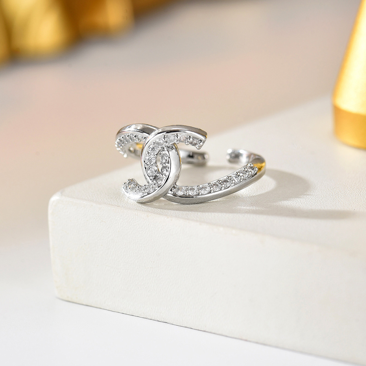 designer necklace jewelry Women Ring Double C Design with Zircon Inlay Adjustable Open Ring Versatile Index Finger Ring High quality accessories
