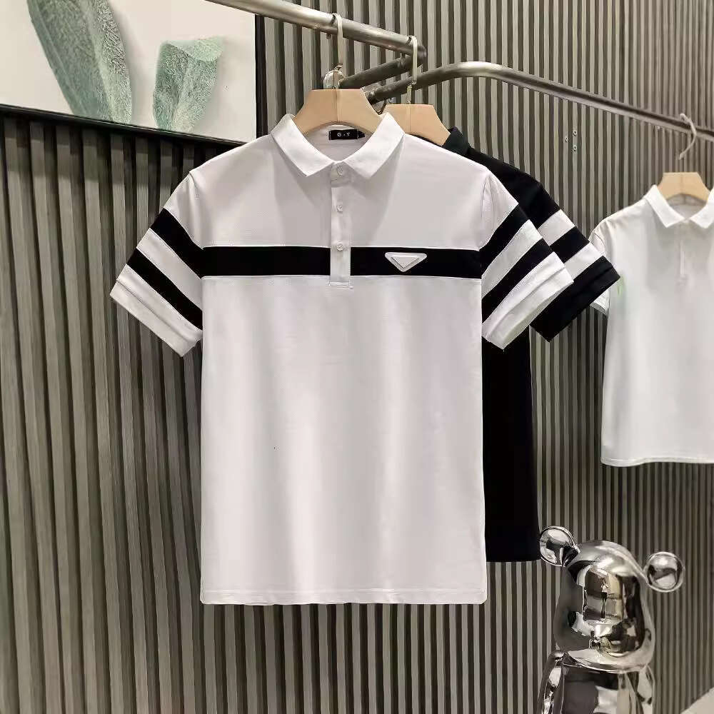 European-Style Trendy Black White Striped Turn-Down Collar Luxury Men's T-Shirt, Short-Sleeved Shirt, Fashionable And Versatile Clothing