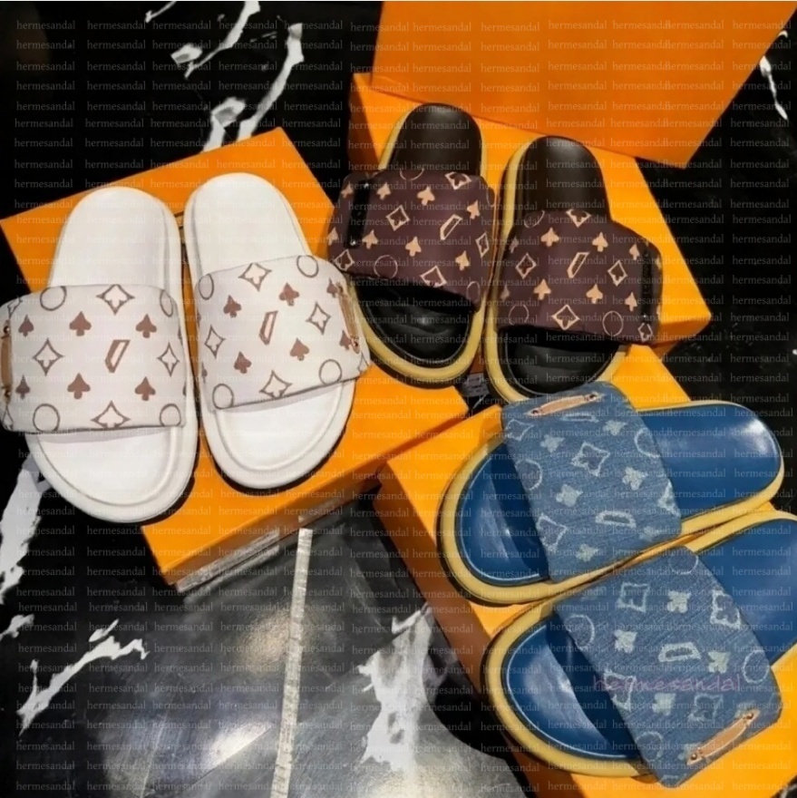 Designer Slides Pool Pillow Muls Men Slippers louisvittuon Flat Slidrs Sandals Men Women Slippers Slids Prints Denim Embossed Sandal Flat Scuffs Summer Beach shoes