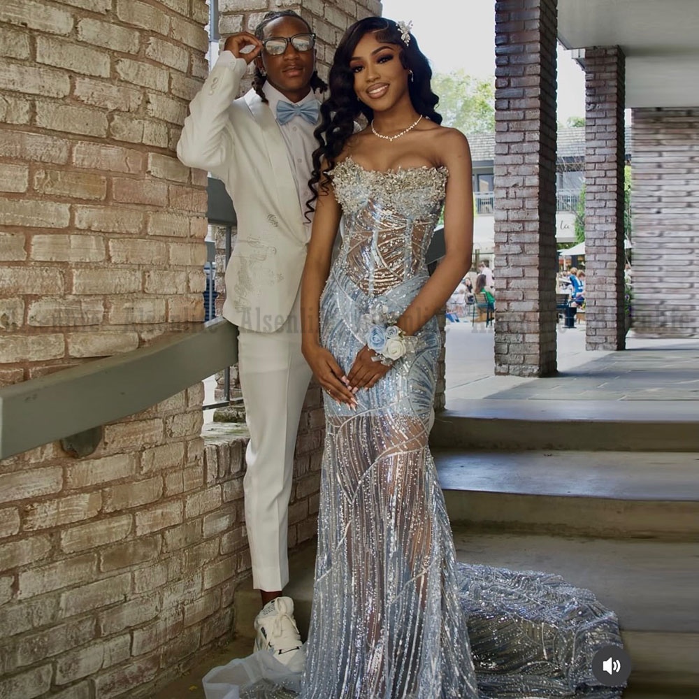 Luxury Light Blue Sequin Mermaid Prom Dress Illusion Black Girls Evening Dress Birthday Party Gowns