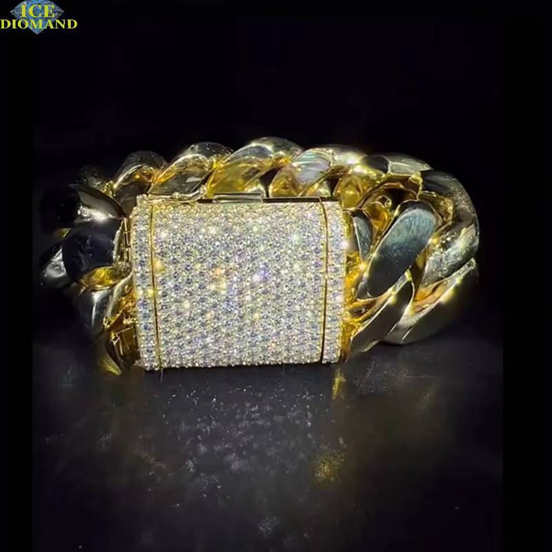 Mens Luxury High-Jewelry VVS Moissanite Diamond Cuban Bracelet with Gold Plated Ice Chain Pass Diamond Tester Hip Hop Style