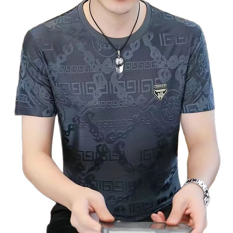 Men's Summer Ice Silk Jacquard Designer Short Sleeve T-shirt New Round Neck Half Sleeve Casual Thin Style Sports Versatile Breathable T-shirt