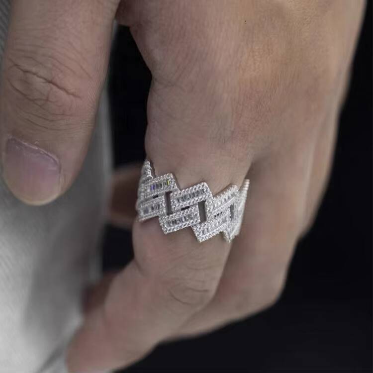 Hip Hop Men Women Fine Jewelry Iced Out Gold Plated 925 Sterling Silver VVS Baguette Moissanite Diamond Cuban Link Ring