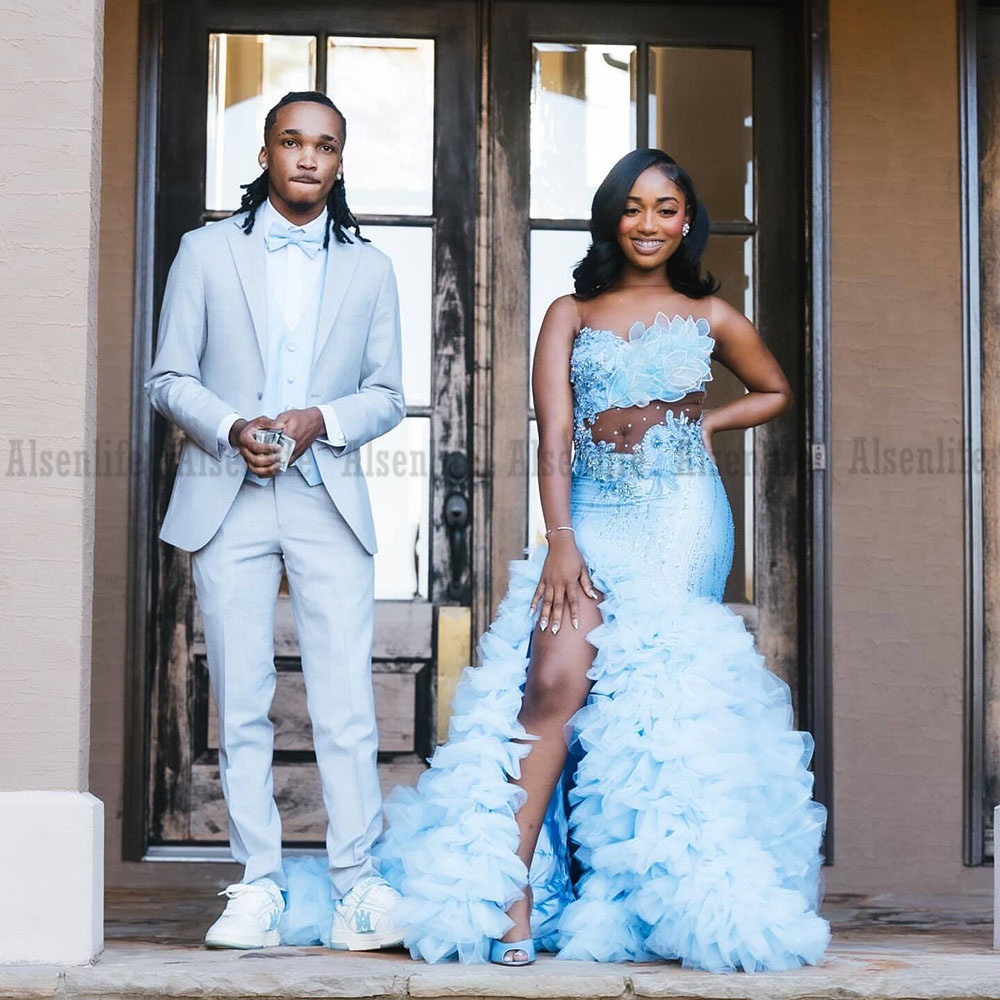 Light Blue Prom Dress 2026 Crystal Beads Black Girl Mermiad Party Outfits Matric Dance Dress