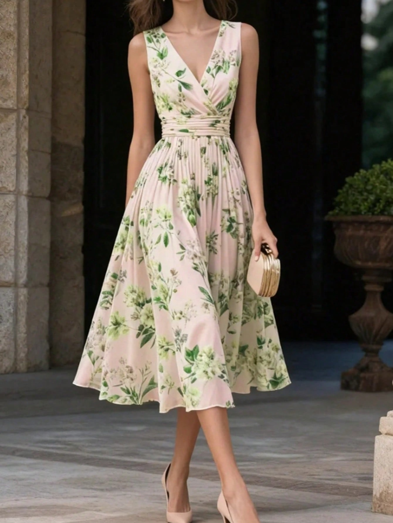 Women's Vintage Floral Print Midi Dress, Elegant Ditsy Flower Pattern Casual Sundress, Boho Chic High Waist Flowy A-Line Dress