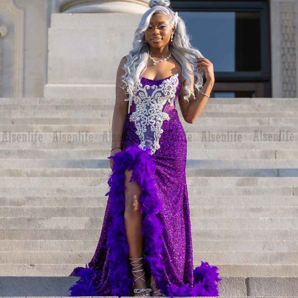 Purple Prom Dress With Feathers Sexy Sit Crystal Beading Black Girls Matric Farewell Dresses 2026 vestidos de Gala