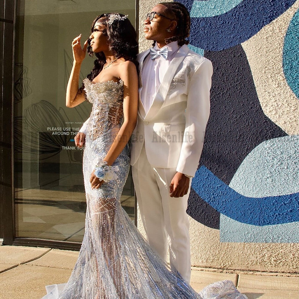 Luxury Light Blue Sequin Mermaid Prom Dress Illusion Black Girls Evening Dress Birthday Party Gowns