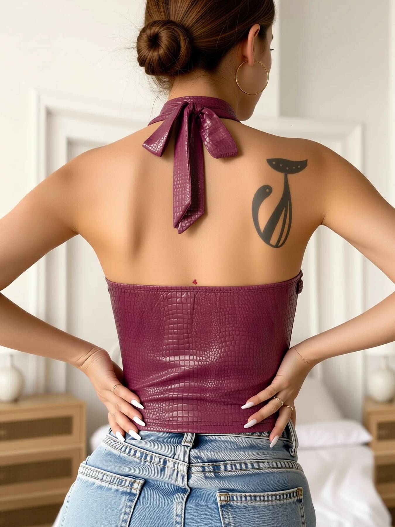 Women's Croc Embossed Halter Neck Tank Faux Leather Fitted Edgy Spring Summer Chic Daily Slim Fit Top ddmysept