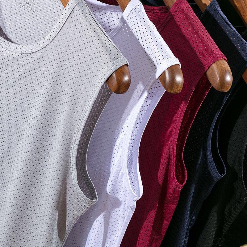 Men's Ice Silk Mesh Vest with Wide Shoulders, Round Neck, Quick-Dry, Breathable, Sports Base Layer, Sleeveless T-Shirt