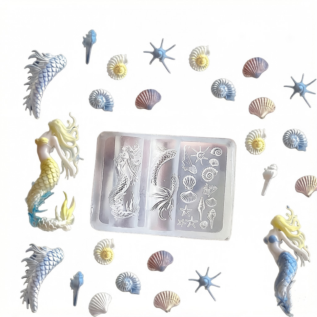 Mermaid & Ocean Elements Silicone Nail Art Mold 3D Embossed Mermaid Tail Seashell Starfish Coral UV Gel Polish Stamping Mold for DIY Nail Art