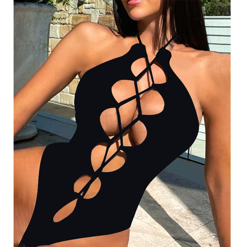 2026 Model Swimsuit with Hollow Out Straps Sexy OnePiece Black Tight Swimwear for Women Bikini 210722