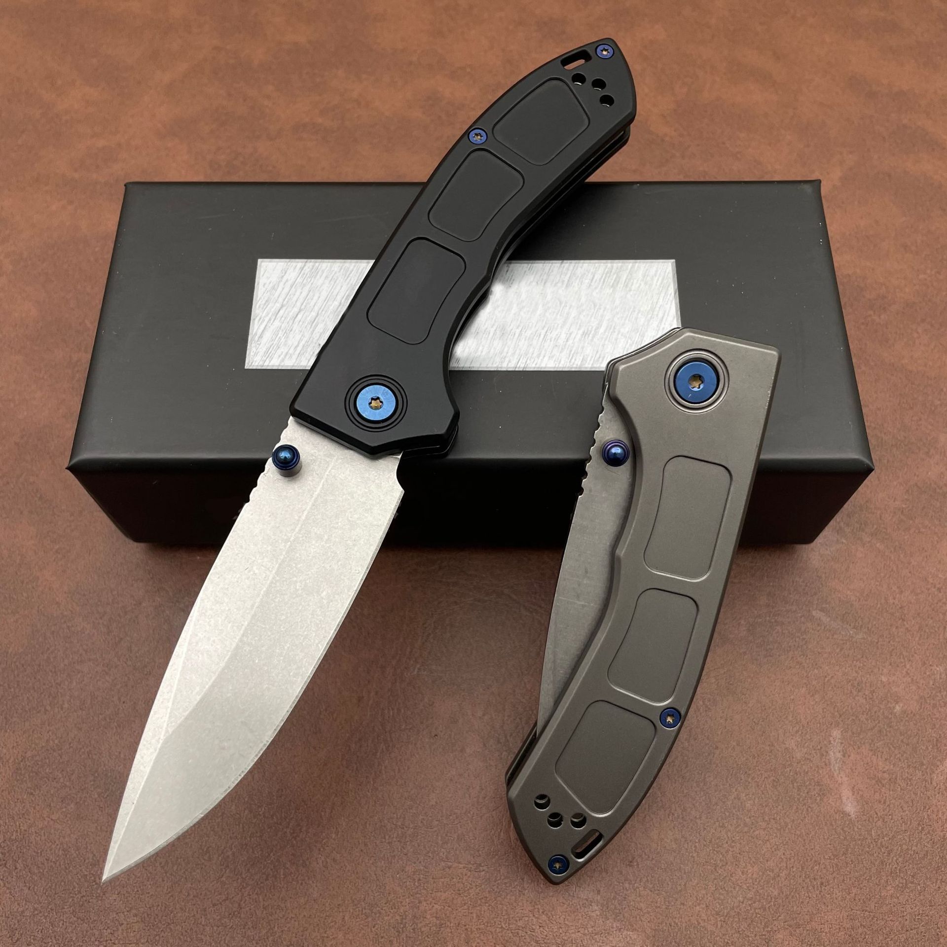 Tactical BM 748 Narrows Folding Knife 3.43" M390 Satin Blue Accents Outdoor EDC Tool Drop Point Blade Gray Titanium Handles