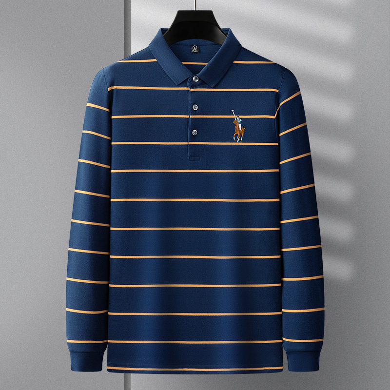 Mens Designer Cotton Striped Polo Shirt Long Sleeve Embroidered Logo Casual Knitted Top Business Style Plus Size Office Party Wear