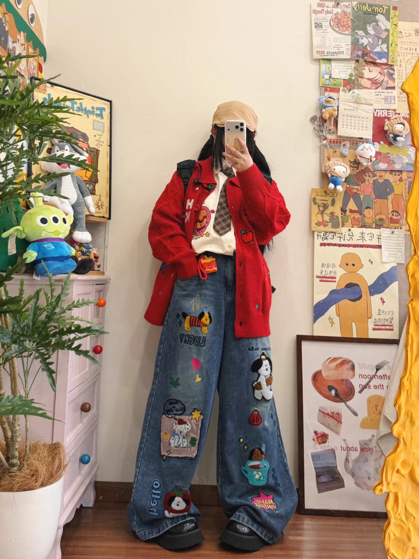 Women's Jeans Retro American Cartoon Floing Embroidery Men Women Cleanfit Waed Loose Wide Leg Pants Couples Casual Fit