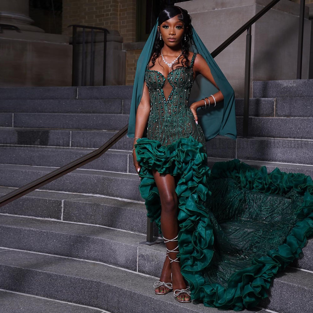Dark Green Mermaid Prom Dresses For Special Occasions Ruffles Slit Birthday Party Dress Diamonds Bead Graduation Gown