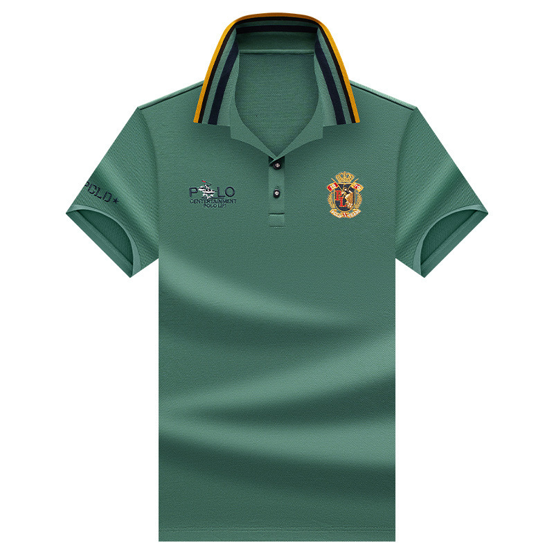 Men's Mint Green Polo Shirt With Color Striped Collar And Royal Crest Embroidery Soft Pique Cotton Short Sleeve Casual Top For Summer Office And 
