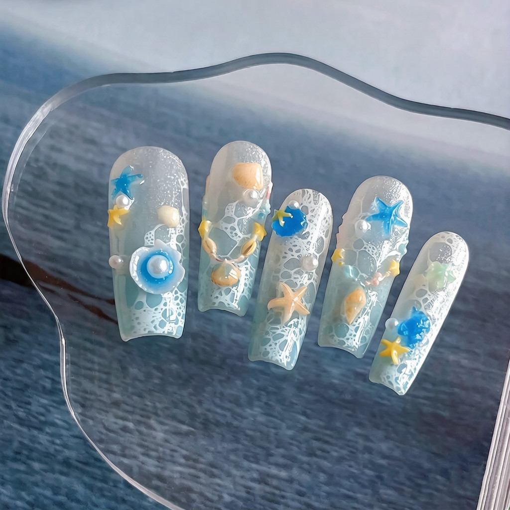 Mermaid & Ocean Elements Silicone Nail Art Mold 3D Embossed Mermaid Tail Seashell Starfish Coral UV Gel Polish Stamping Mold for DIY Nail Art