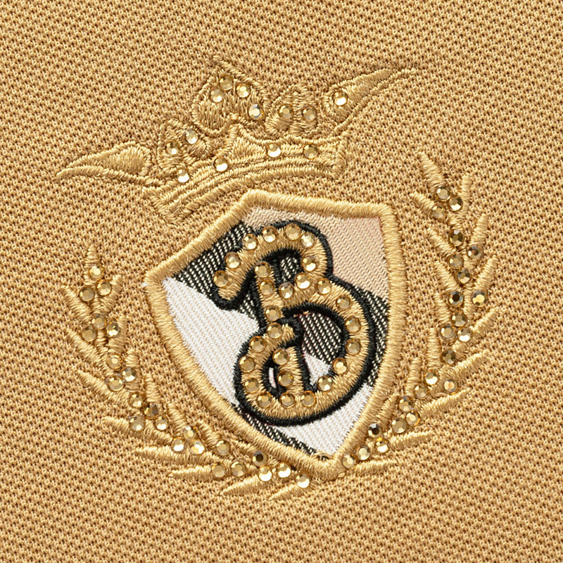 Men's Luxury Polo Shirt With Silk-Blend Fabric And Crown Crest Embroidery Contrast Beige Plaid Trim On Collar And Cuffs For Smart Casual Style In