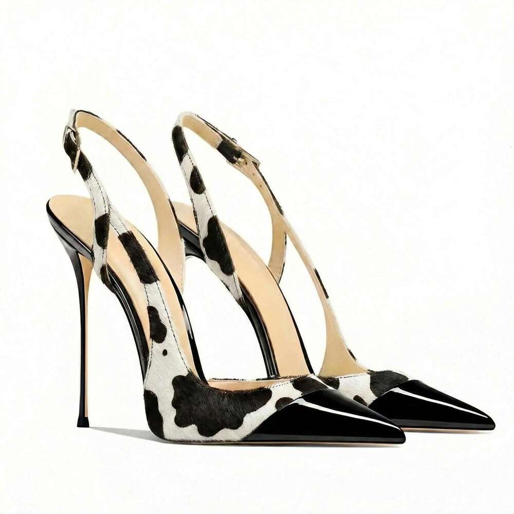 European American Cross Border Pointed Toe Black And White Color Stiletto Heels Hollow Sandals For Women Size Large Leather Fashion Shoes - view 5