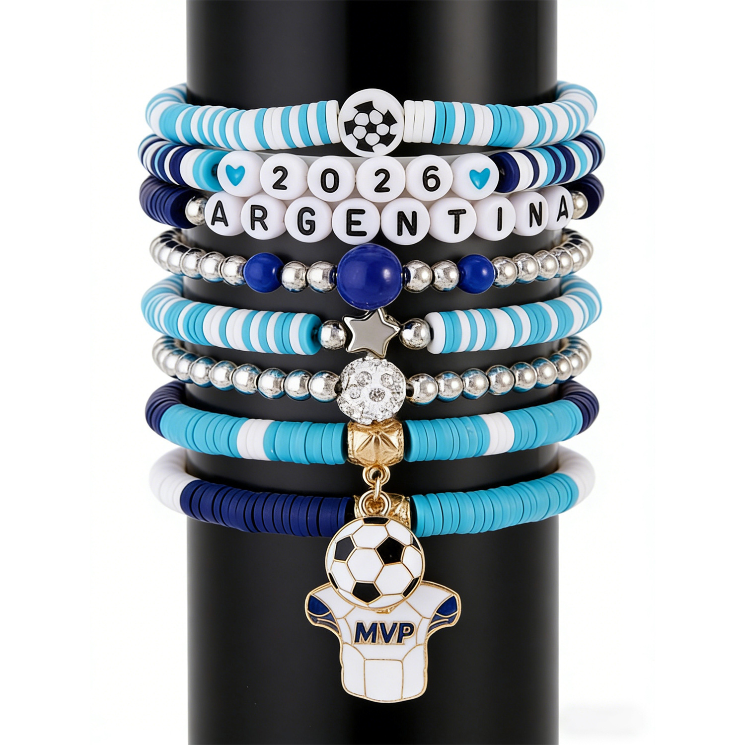 USA 2026 World Cup Soccer Fans Bracelet Set | 8Pcs Stackable Clay Beaded Wristband with Football & American Flag Charms