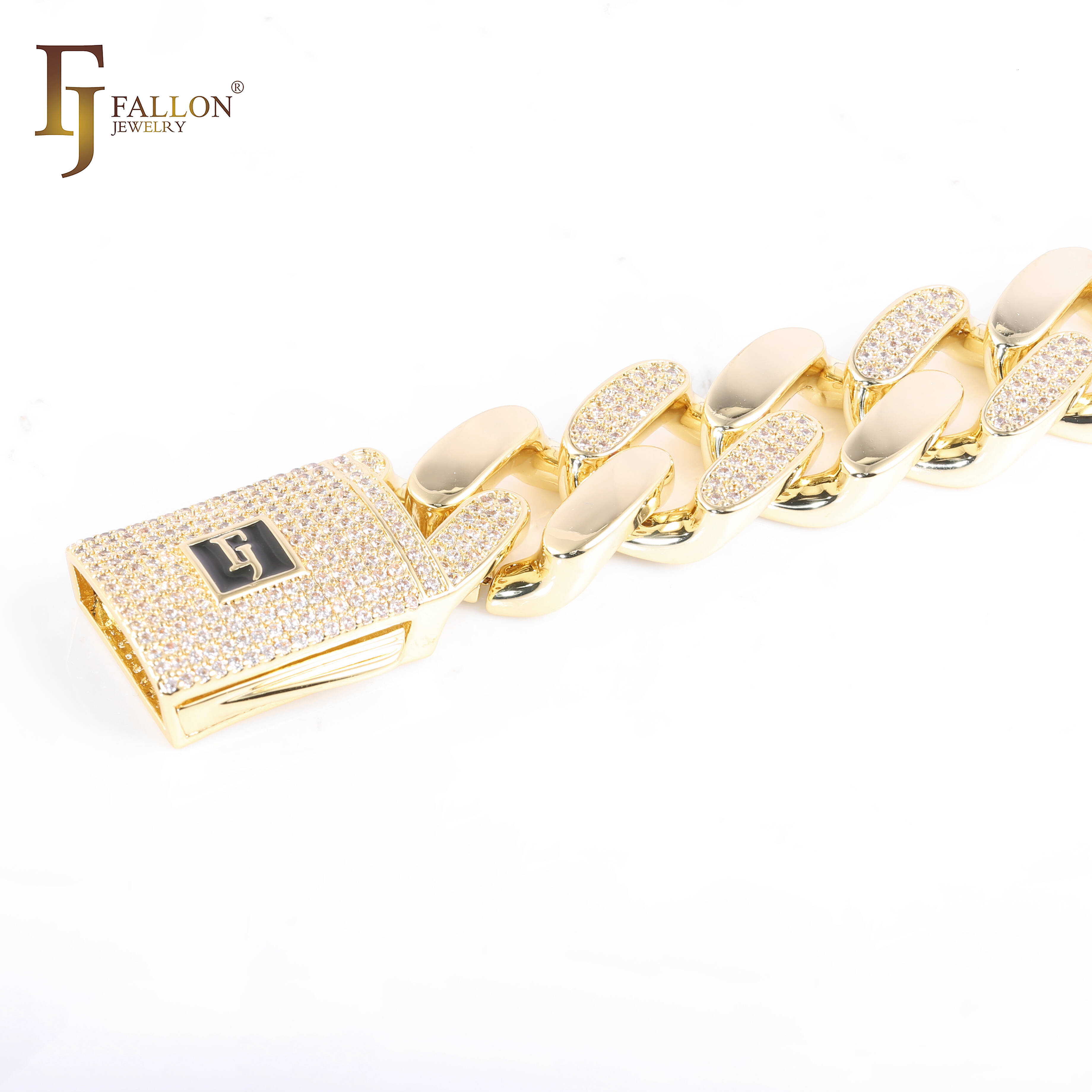 FJ Fallon Hoollow Retro Style Monaco Cuba Bracelet Chains 14K Gold Plated Brass Main Zircon Hip Hop Split