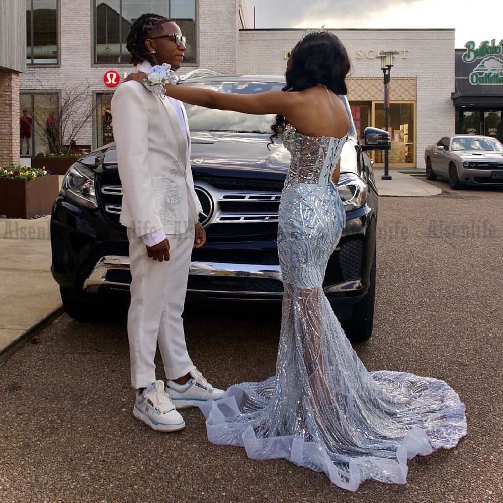 Luxury Light Blue Sequin Mermaid Prom Dress Illusion Black Girls Evening Dress Birthday Party Gowns