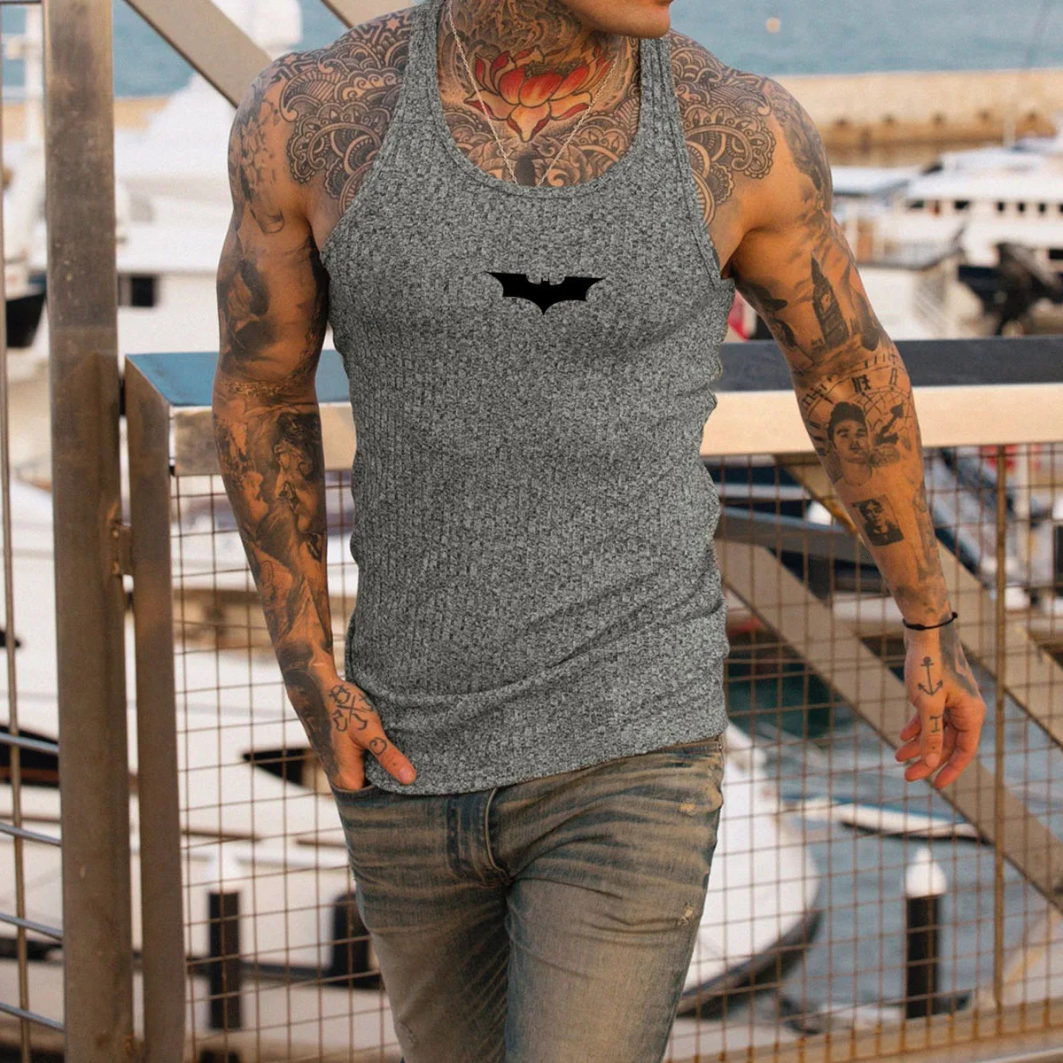 2026 Summer Men Bat Vest Plus Size Stripe Gym Tank Top Men Fitness Male Exercise Sports Vest Undershirt Bodybuilding Clothing 260427