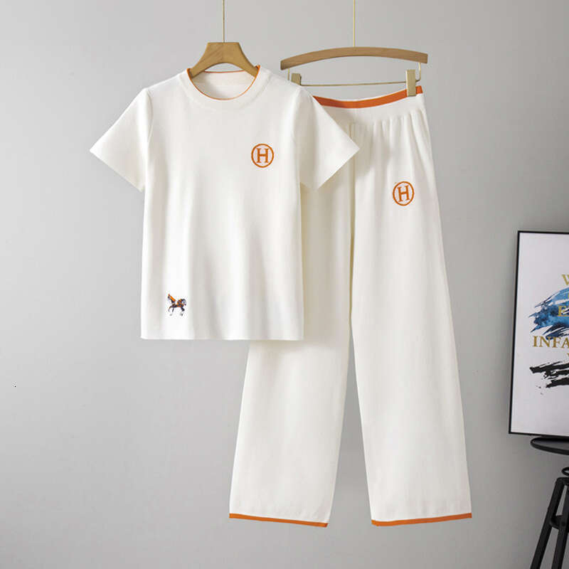 European American 2026 Embroidered Short-Sleeve Knit Top And High-Waisted Wide-Leg Pants Two-Piece Set For Women Summer