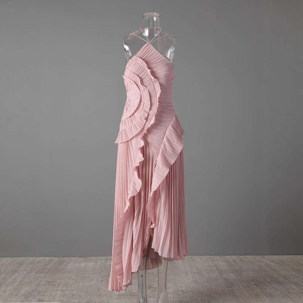 Chiffon Dress Women, Elegant Sophisticated, With Ruffles, Pleats, Halter Neck, Open Back, Suitable For Vacation And Parties LEEGO LENS